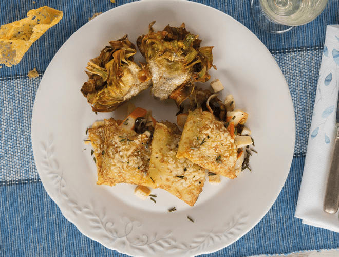 Crespelle con pesce spada, carciofi e olive