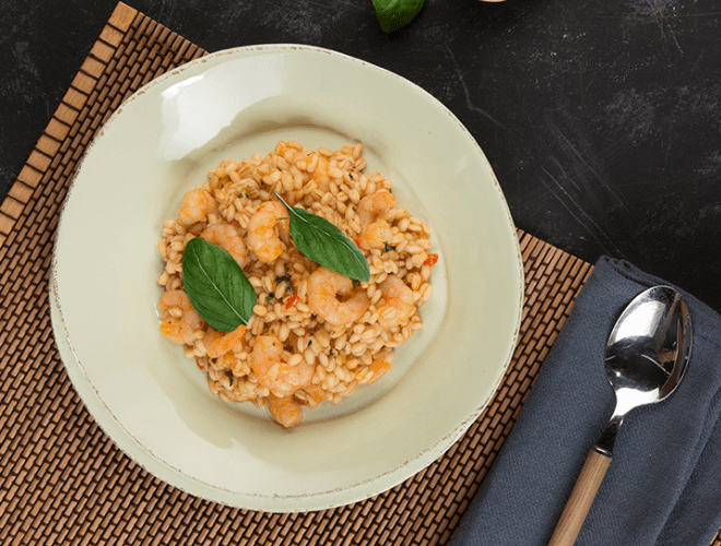 Orzotto con sugo di gamberi rosa agli agrumi