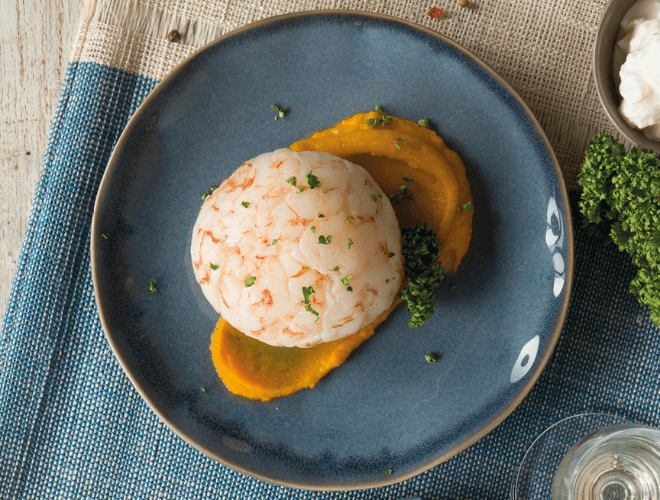 Sformato di gambero con stracciatella di bufala e crema di zucca