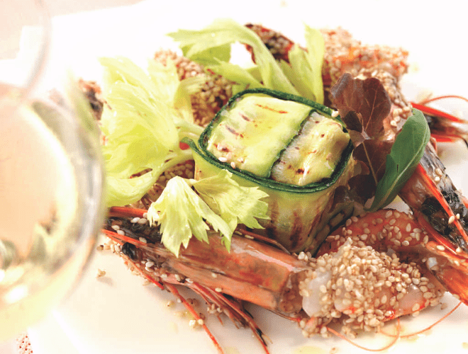 Timballo di zucchine e gamberi al sesamo