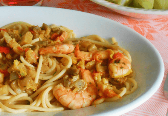 Spaghetti con Gamberi e melanzane