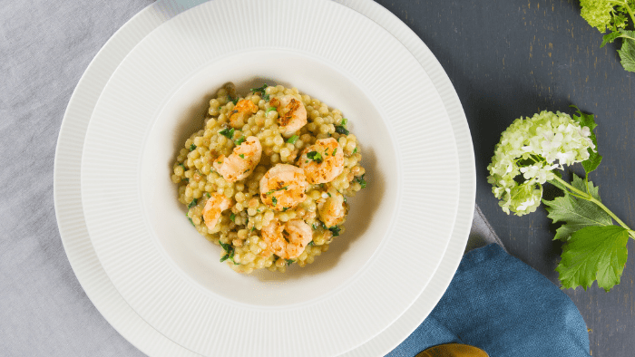 Fregola con gamberi e broccolo fiolaro